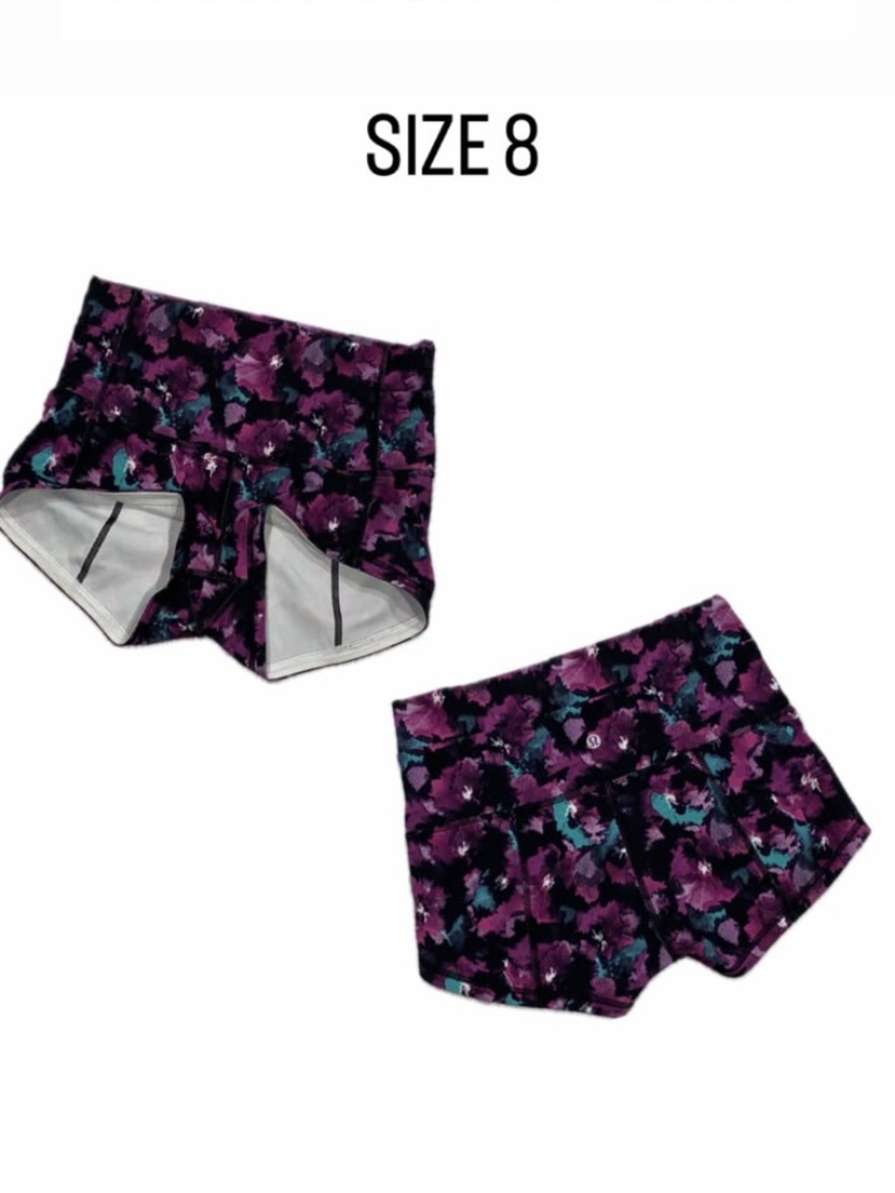 Lululemon High Rise Floral Athletic Booty Shorts Size 8 Purple Teal Abstract